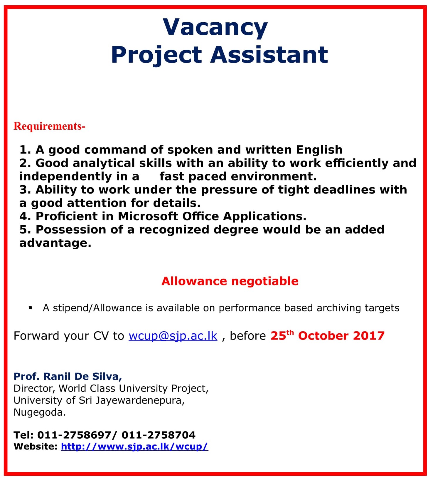 Project Assistant - University of Sri Jayewardenepura